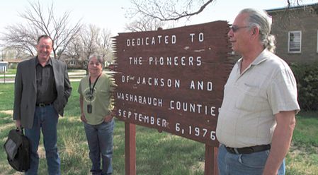 Bret Healy, Barb Semans and OJ Semans at the Jackson County Courthouse in Kadoka, SD